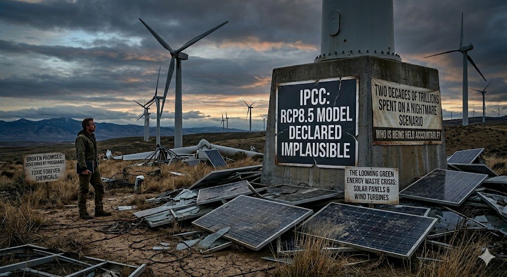 A man in a rugged jacket stands in a desolate desert landscape at twilight, looking at a large heap of broken solar panel debris and dilapidated wind turbines. A prominent central sign on a concrete pylon base reads, "IPCC: RCP8.5 MODEL DECLARED IMPLAUSIBLE."
