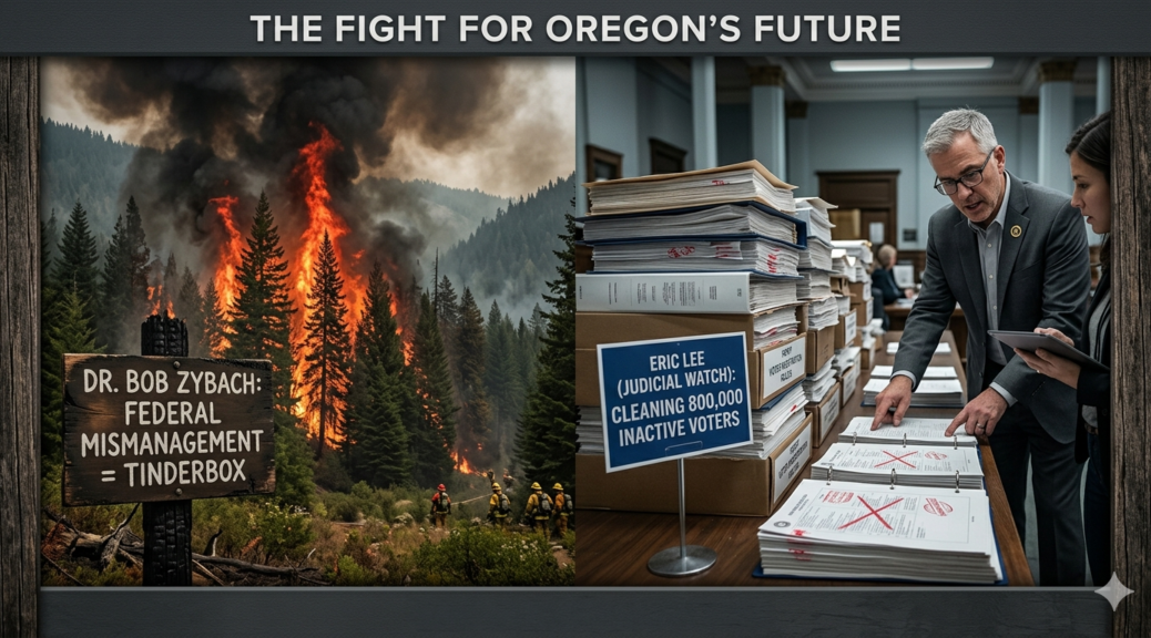 A split-screen graphic titled "The Fight for Oregon's Future." The left side shows a roaring forest wildfire with a sign reading "Dr. Bob Zybach: Federal Mismanagement = Tinderbox." The right side shows a legal team auditing large stacks of voter registration documents with a sign reading "Eric Lee (Judicial Watch): Cleaning 800,000 Inactive Voters."