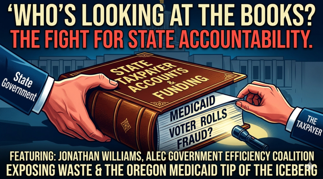 Illustration of a taxpayer shining a flashlight into a ledger titled "State Taxpayer Accounts & Funding" while the state government attempts to keep the book closed. Text reads "Who's looking at the books? The fight for state accountability" featuring Jonathan Williams.